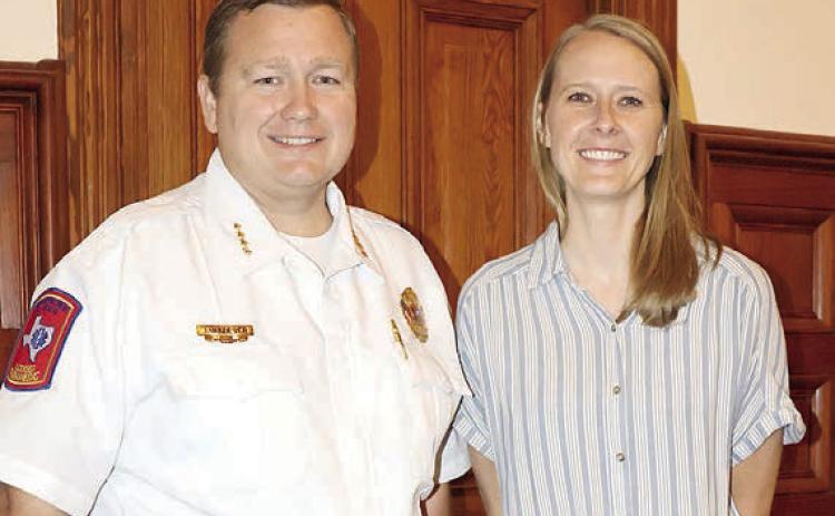 Dr. Emily Smith (right) was approved as EMS medical director by the Commissioners Court. She was introduced by EMS Director Josh Vandever (left). Photo By Melanie Berger / Courtesy of Flatonia Argus