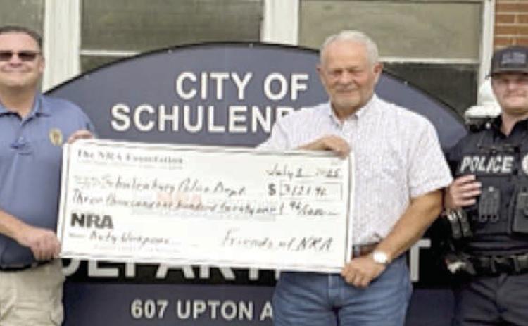 On hand as a $3,122 grant from NRA Foundat ion was presented to the Schulenburg Police Department were (from left) SPD Officer Mike Krenek; Chief Troy Brenek; Dennis Brower, officer of Tri-County Friends of NRA; SPD Officer Reyden Svatek; and Craig Schulz, officer of Tri-County Friends of NRA.