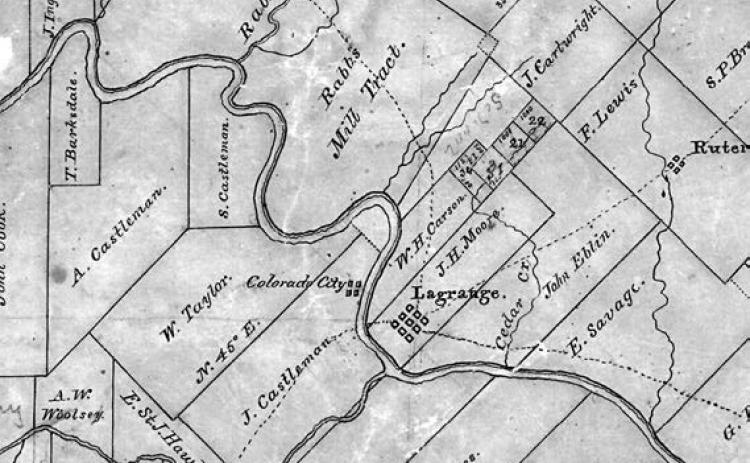 Detail from an 1840 map of Fayette County drawn by W. H. Sandusky that includes the S. Castleman half league. The original map is in Austin at the Texas General Land Office.