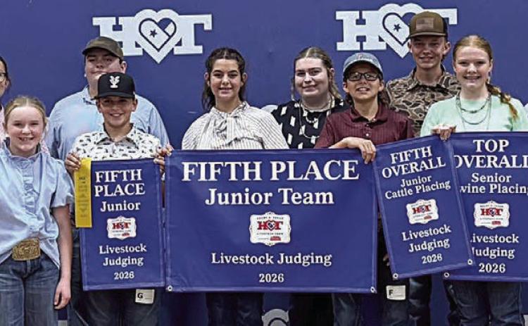 Fayette County 4-H members participating in the Heart of Texas Livestock Judging Contest were (from left) Laramie Laake, Hailey Janish, Tatum Fritsch, Abigale McBride, Rilan Karisch, Hudson Holub, Adalyn Carrales, Rheagan Karisch, Tate Fritsch, Holden Holub, Kaisley Janecka, Jehnsen Janecka, Rowdy Guenther, Crockett Guenther and (not shown) Emma Zweschper.