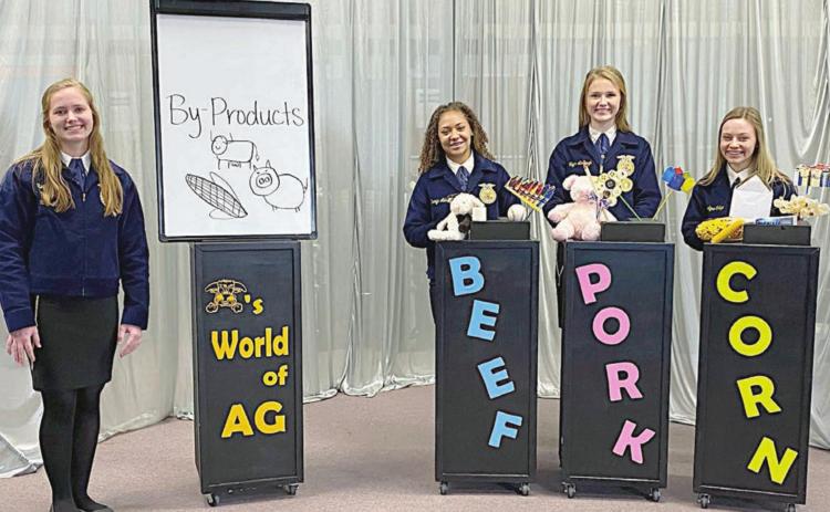 FIRST PLACE AT STATE – Schulenburg FFA’s Ag Advocacy team, (from left) Regan Lux, Kieryn Adams, Taylor Limbaugh, and Annelyse Galipp, brought home a first-place finish in the state FFA’s virtual competition with their presentation covering agriculture by-products derived from three commodities.
