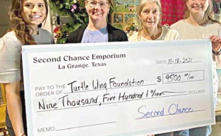$9,500 Check Presented – On hand as Second Chance Emporium presented a check for $9,500 to Turtle Wing Foundation’s 2022 social skills program were (from left) Destiny Psencik, Turtle Wing executive director; Nancy Hajek, Second Chance church coordinator; Gayle Schielack, Second Chance store director; and Julia Thomas, Second Chance assistant store director.