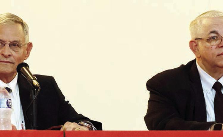 State representative candidates Dennis Geesaman (left) and Stan Kitzman (right) answer questions at Saturday’s forum. Photo By Melanie Berger / Courtesy of Flatonia Argus