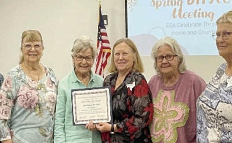 Accepting the 90th-year Club Award for Walhalla Extension Education Association Club were (from left) Sally Garrett, Fayette County Extension Agent-FCH; and Janice Alexander, Lila Garlin, Donna Burton and Helen Wagner, Walhalla Club EE members. Also shown is (right) Knellen Quinteros, District 11 EE director.