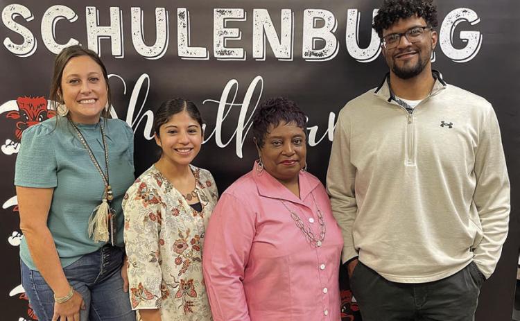 Recognized at the Schulenburg ISD Board of Trustees meeting Monday night, Nov. 13 as employees of the month for November were: (from left) Heather Ring, elementary; Cristina Moreno, high school, Marie Jackson, district-wide; and Dominique Nicks, junior high.
