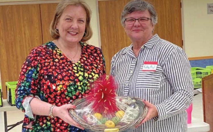 Guest speaker at the Fayette County Retired Teachers’ Association meeting was Linda Morrison (left) of Second Chance Emporium. She is shown with Kathy Migl (right), TRTA’s first vice president.