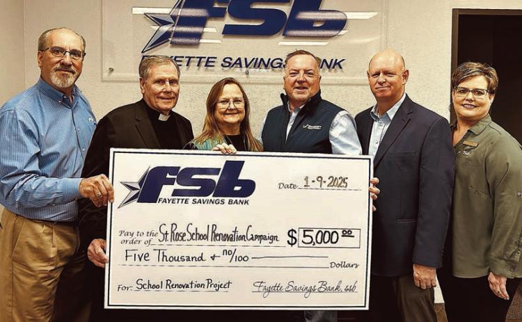 Fayette Savings Bank is holding a matching funds campaign to benefit the building renovation project under way at St. Rose of Lima Catholic School. Displaying a check representing matching funds for that campaign are (from left) Mike Olle, FSB; Rev. Jasper Liggio, St. Rose of Lima Catholic Church pastor; Rosanne Gallia, St. Rose of Lima Catholic School principal; Eamon McCourt, project lead; Gary Zweschper, St. Rose finance committee chair; and Cheryl Brossmann, FSB.