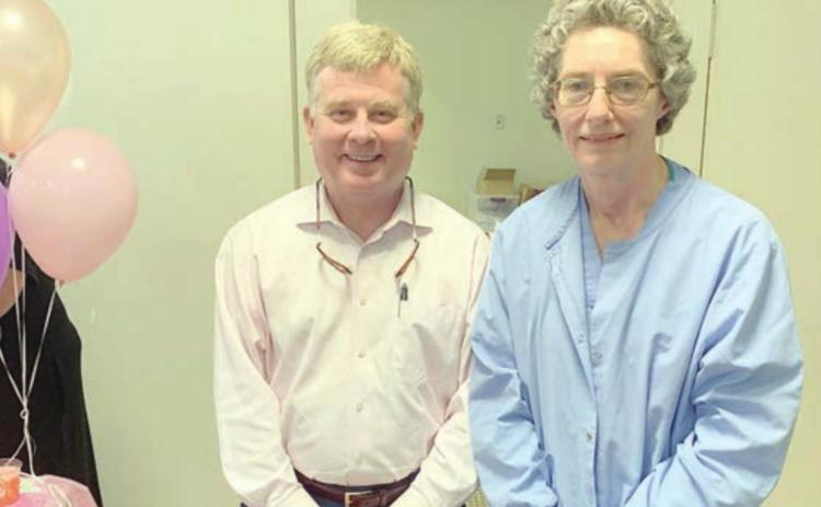 DORIS KLESEL (right) was selected as the St. Mark’s Medical Center recipient of the Dan Wilford Award for Compassion and Community Service. She is shown with Mark Kimball (left), SMMC president/CEO.