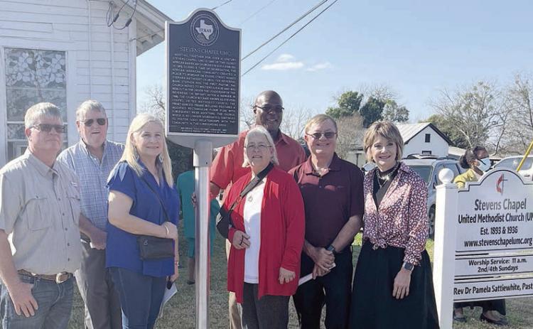 City of Sch ulenburg off icials on hand for the Texas Historical Marker dedication were (from left) Council members Frank Wick III, Clarence Ahlschlager and Kathy Kleiber; Mayor Connie Koopmann; Council members Greg Thomas and Roger Moellenberndt; and City Administrator Tami Walker.