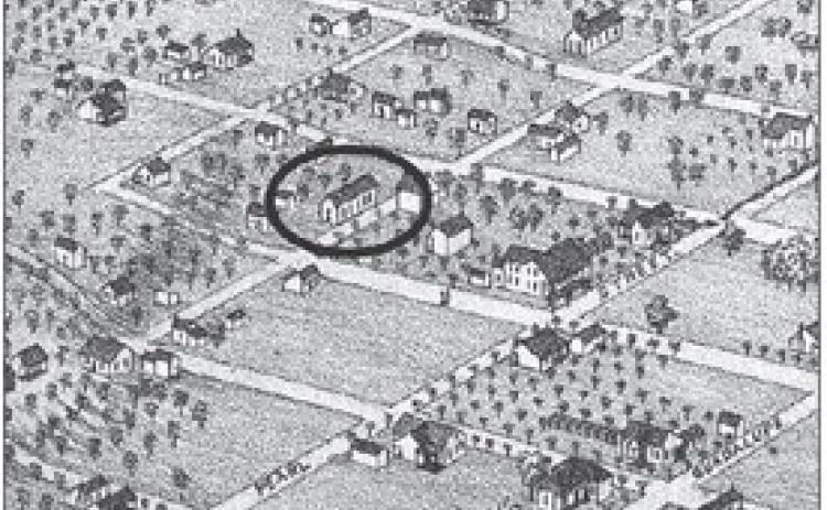 Detail from Augustus Koch’s 1880 Bird’s Eye View of La Grange showing the building believed to be the school on Camp Street where John G. Schermack taught African American students.