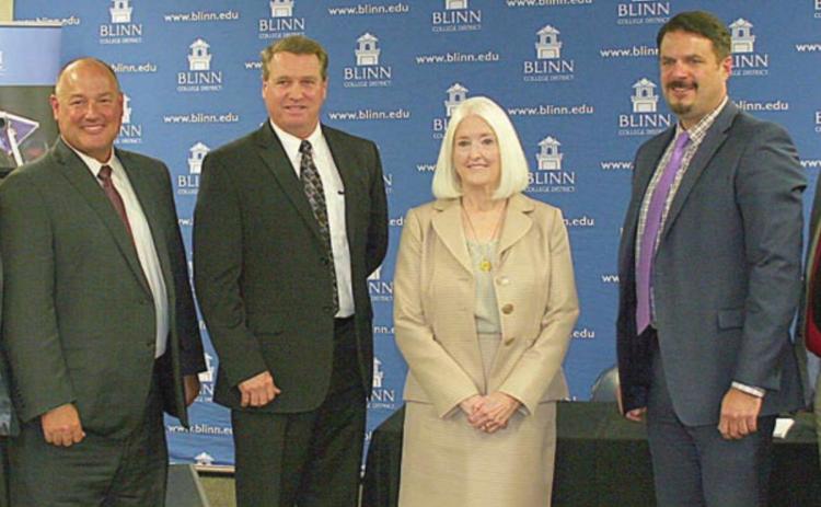 On hand to sign the articulation agreement establishing the Alliance for College and Career Student Success were: (from left) Dr. Andy Reddock, Flatonia ISD superintendent; Dr. Jeff Harvey, Fayetteville ISD superintendent; Jon Wunderlich, Weimar ISD superintendent; Dr. Mary Hensley, chancellor of the Blinn College District; Dr. Miller Beaird, Columbus ISD assistant superintendent; and Duane Limbaugh, Schulenburg ISD superintendent. Sticker Photo By Darrell Vyvjala