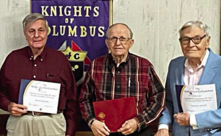 Membership pin presentation – (from left) Paul Zapalac, Council 2902 grand knight; Dennis Olsovsky, 50-year membership pin; Francis Ripper, 50-year membership pin; Ted Stanzel, 25-year membership pin; Rodney Kalich, Council 2902 financial secretary; (not shown) Bob Stryk, 50-year membership pin; and Sam Prihoda, 25-year membership pin.