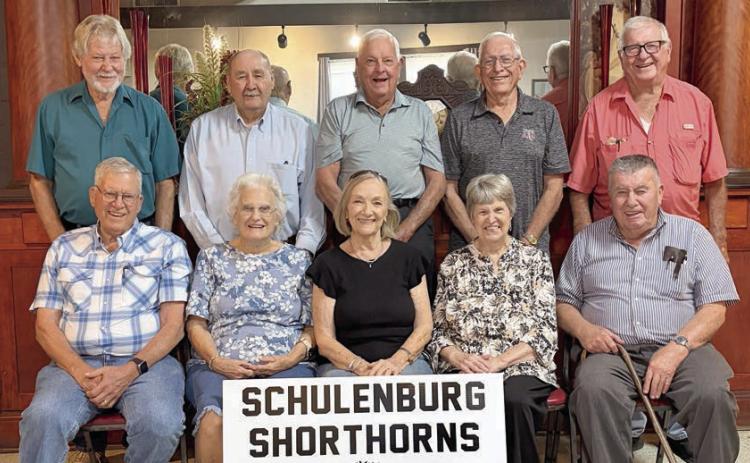 Reunion attendees – (front row, from left) Tom Berger, Gladys (Stryk) Hermes, Lorene (Svetlik) Sarianni, Jeanette (Barta) Treybig, Leo Wick, (back row) Leon Svetlik, Emil Pauler, Gary Herzik, Harvey Oeding and George Hranicky.
