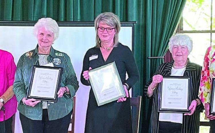 Honored at Sunday’s “Women Making History” event were: (from left) Hallettsville Mayor Alice Jo Summers, Nordheim Mayor Katherine Payne, Cuero Mayor Sara Post-Meyer, Columbus Assistant City Secretary Dinah Jacobs (representing Mayor Lori An Gobert), Schulenburg Mayor Elaine Kocian, La Grange Mayor Jan Dockery, and Smiley Mayor Lisa Benavidez. Not present: Nixon Mayor Dorothy Riojas. Sticker Photo By Darrell Vyvjala
