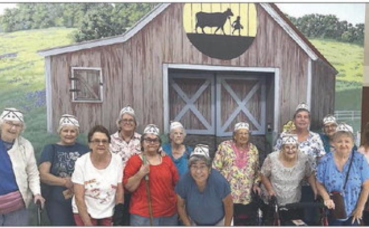 Enjoying an outing to Brenham were (from left) Jannette Streit, Betty Mulholland, Alice Fajkus, Chery Wilson, Carolyn Moore, Janell Heaton, Cindy Villarreal, Irene Janda, JoNell Vacek, Shirley Machicek, Cynthia Meyer, Marilyn Mares and Cathy Wilhoite. One of the stops was the Blue Bell Creamery, where they are pictured.