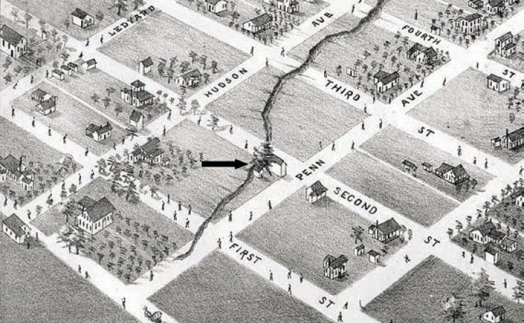 Alth ough shutt ered by 1881 whenAugustus Koch drew this Bird’s-Eye View of Flatonia, the arrow marks the approximate location of the former Flato-Amsler Brewery. The tree on this corner has now grown to enormous size. Was it due to extra nutrients in the soil from spillage of yeast and hops?