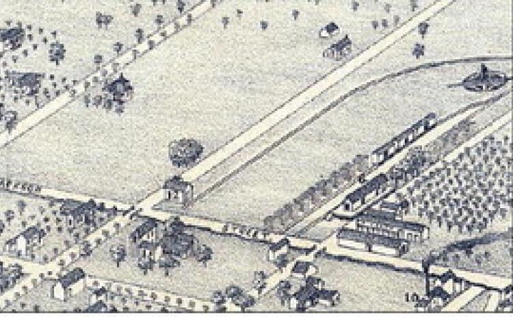 This detail from Koch’s 1880 Bird’s-Eye View of La Grange shows (6) the GH&amp;SAdepot, (12) Schumacher’s ice house at the corner of Colorado and Jackson Streets, (10) Hunger’s Mill and Cotton Gin at the corner of Jackson and Crockett, and Bradshaw and White’s large warehouse is located just below the depot.