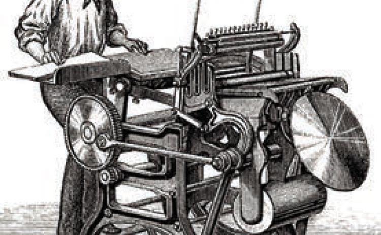 Engraving of a mid-1800s platen press (public domain).