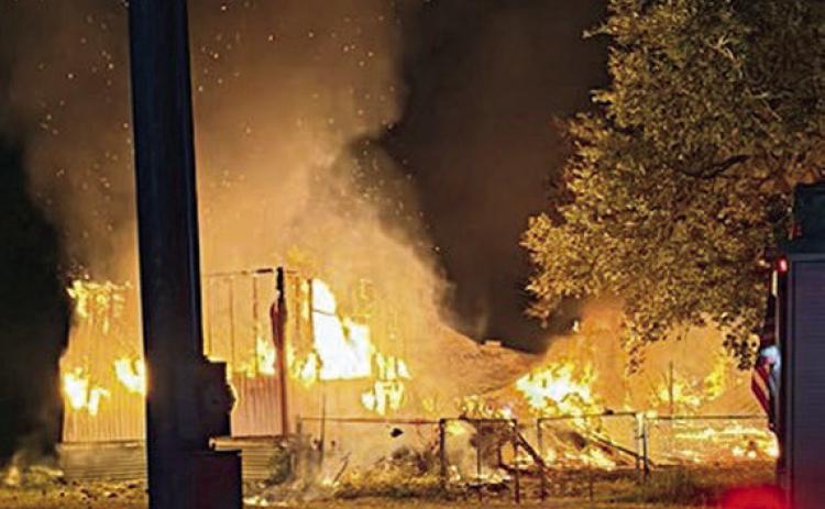 Fire fully engulfed a trailer house on Meiners Road near Schuster Road on Thursday, May 14, with the Round Top-Warrenton and La Grange volunteer fire departments responding.