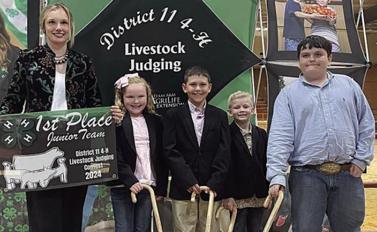Champion Junior Team – (from left) District 11 4-H officer,Abigale McBride, Hudson Holub, Joe Carrales and Rilan Karisch. Abigale McBride and Hudson Holub are members of the Schulenburg 4-H.