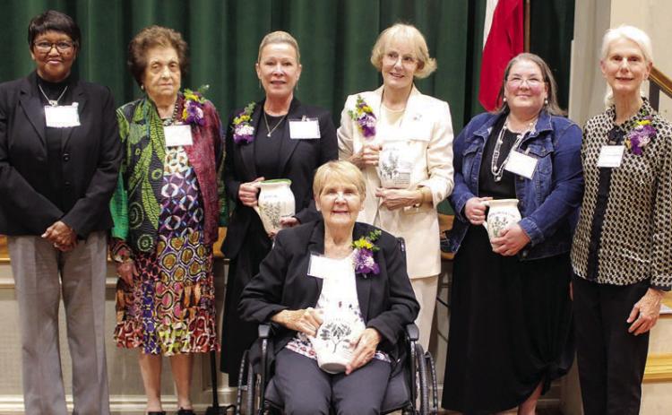 Honored at the League of Women Voters of South Central Texas “Women Making History” event were: (front) Alice Berry of Columbus – Initiative; (standing, from left) La Grange Mayor Jan Dockery, Dr. Mary Fanett Wheeler of Cuero – Steadfastness, Tammy Collins of Flatonia – Vision, Ellen Ashby Kennard (niece of Mary Bristow Willeford of Flatonia – Heritage), Christi Opiela of Hallettsville – Determination, and Connie Shortes of La Grange – Courage.