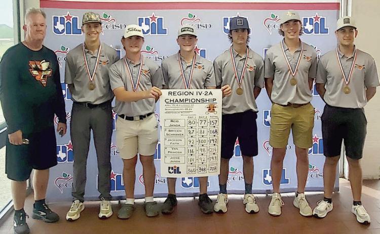 Shown with their score placard and third-place medals after the regional tournament are: (from left) head coach Richard Hoogendoorn, Van Prihoda, Brycen Schramek, Reid Janda, Brant Redman (alternate), Jayse Janda, and Jackson Faith.