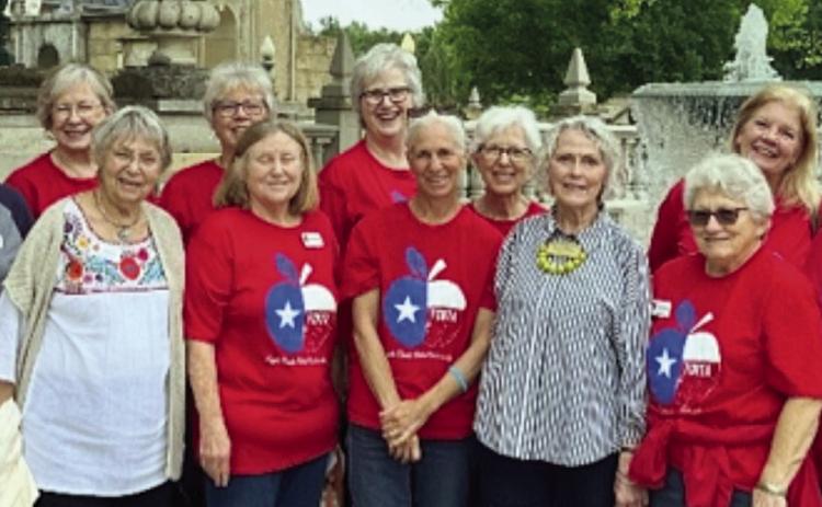 Members of the Fayette County Retired Teachers Associat ion shown are (front row, from left) Marian Tajchman, Patty Reid, Donna Burton, Jaci Elliott, Festival Hill docent Karen Dormois, Marge Shofner, Kathy Migl, Jeanne Wetjen, Debbie Morrill, (back row) Carobeth Bockhorn, Mary K. Seifert, Chris Morrison, Terri Wagner, Peggy Halamicek, Carolyn McCrory and Esther Hartman.