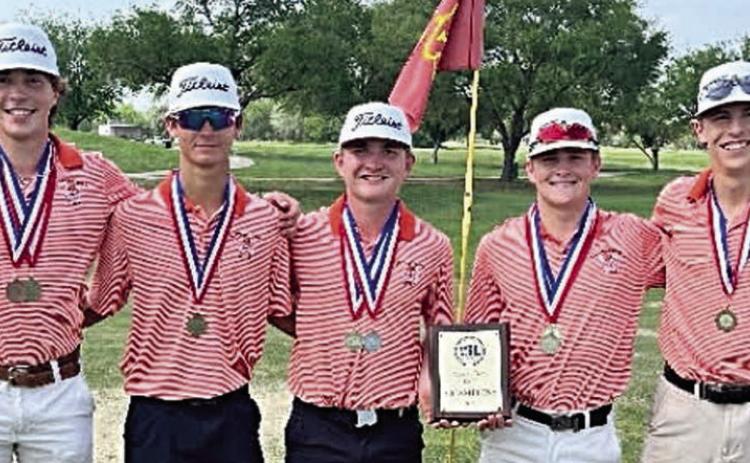 Members Shorthorn golf team, shown with their awards following the district tournament on Monday in Victoria, are: (from left) Jayse Janda, Brant Redman, Brycen Schramek, Reid Janda, and Van Prihoda.