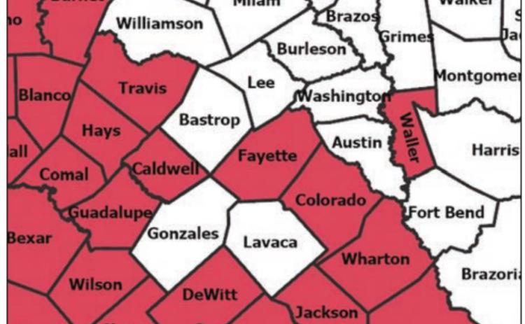 The area counties shaded in red were among 130 statewide (out of 254) that had burn bans enacted as of Monday afternoon, June 13. Source: Texas Forest Service