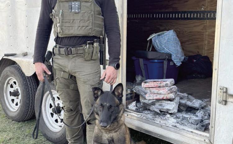 Three bundles of cocaine were located after Drug Interdiction Sgt. Randy Thumann and K-9 partner Kolt stopped a truck pulling a white utility trailer on Interstate 10.