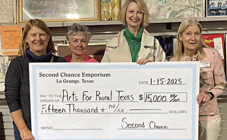 Arts for Rural Texas Chec k Present ation – (from left) Marlene Schnell, SCE assistant store director; Darlene Strahan, SCE assistant store director; Sandra Borne, ARTS executive director; and Gayle Schielack, SCE store director.