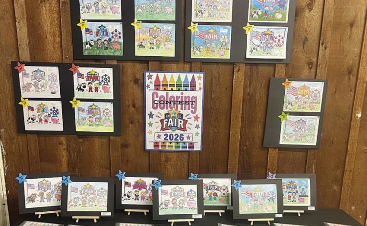 Disp lay of entries in the Fayette County Fair coloring contest, open to students in pre-K through fifth grade.