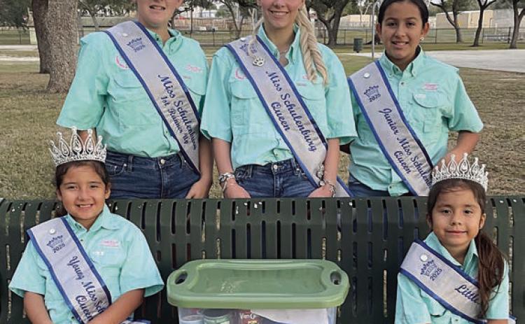 Miss Schulenburg & her court assembled a Thanksgiving basket for the Family Crisis Center. Shown are (front row, from left) Young Miss Saphrin Manzano, Little Miss Rylah Manzano, (back row) Miss Schulenburg first runner-up Agnes Tofel, Miss Schulenburg Heaven Hrachovy and Junior Miss Jazmyn Moreno.