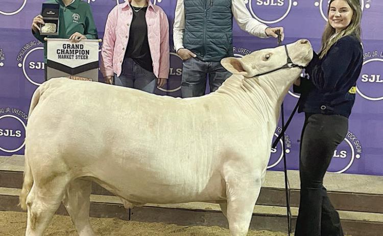 STEER – Exhibitor: Madyson Holub (right). Sales price: $12,000. Sticker Photo By Darrell Vyvjala