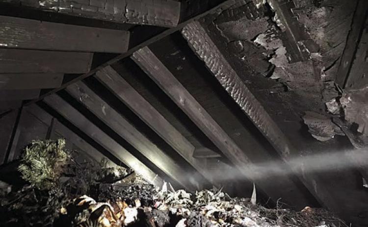 Shown above is the area of the attic that suffered damage in a fire following a lightning strike early Friday morning. Photo Courtesy of the SVFD