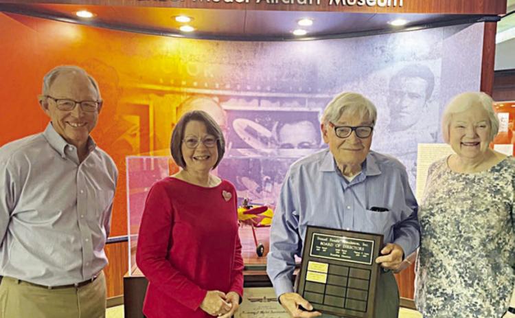 THEODORE “Ted” Stanzel (second from right), who now holds the title of Stanzel Family Foundation president emeritus, is shown with Stanzel Family Foundation officers Bob Stanzel (left), president; Helen Niesner (second from left), treasurer; and Melinda Barneycastle (right), secretary.