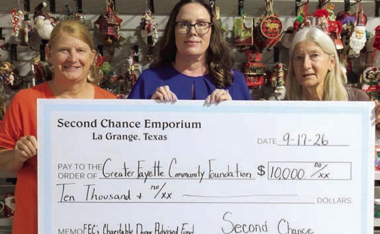 Second Chance Emporium recently presented a grant to help Fayette Electric Cooperative’s Charitable Donor-Advised Fund continue providing free books to children in Fayette County through Dolly Parton’s Imagination Library. Tracy Denton (center), FEC director of marketing, communications, and training, gratefully receives the check from Marlene Schnell (left), assistant store director at Second Chance Emporium, and Gayle Schielack (right), store director at Second Chance Emporium.