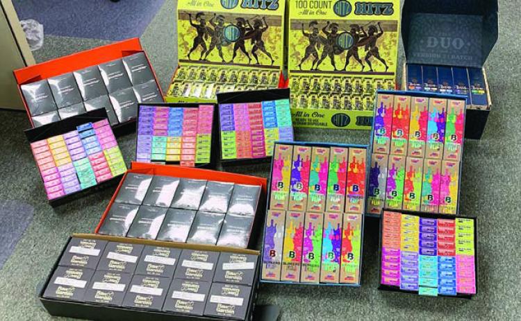 Hundreds of assort ed THC vape pens were confiscated during the traffic stop on Highway 71 on Wednesday, May 27.