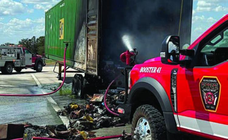 A Schulenburg VFD unit uses its bumper-mounted nozzle to finish off an 18-wheeler fire west of Flatonia on Sept. 8. Photo Courtesy of SVFD