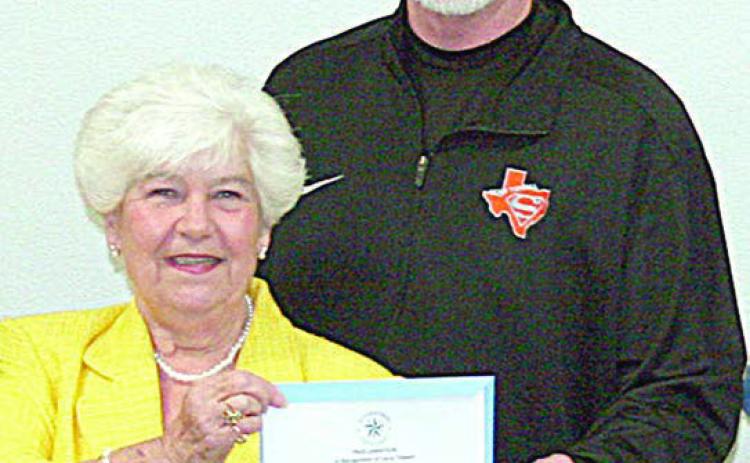 After his induction into the Texas High School Basketball Hall of Fame in 2022, Larry Tidwell was honored with a proclamation recognizing his contributions to Schulenburg and his career accomplishments. Presenting him with document was then-Mayor Elaine Kocian. Sticker File Photo