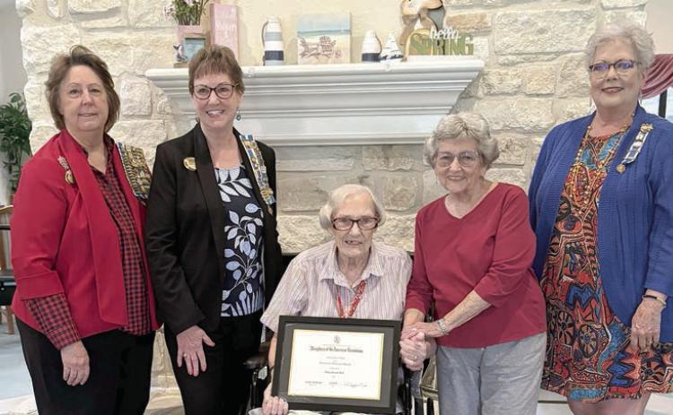 Mary Louise Dorr was the recipient of the “Women In American History” Award from the Smith-McMillan Chapter, NSDAR. Shown are (from left) Cathleen Tutt, vice regent; Kathy Schatte, chaplain; Mary Louise Dorr, award recipient; Myrna Thiessen, member; and Sherry Hebert, secretary/media chair. Not shown is American history chair Claudia Valastro.