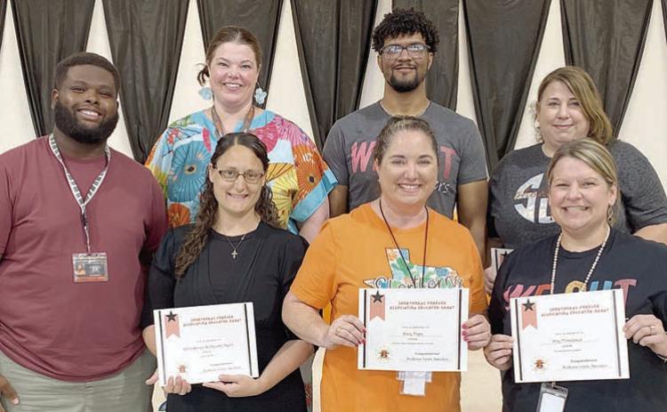 Schulenburg ISD staff receiving grants from Shorthorns Forever Association were (front row, from left) Olajuwan Taylor, Adina Barnett, Stacy Fogle, Amy Thibodeaux, (back row) Kristen Holub, Dominique Nicks and Melissa Adcox.