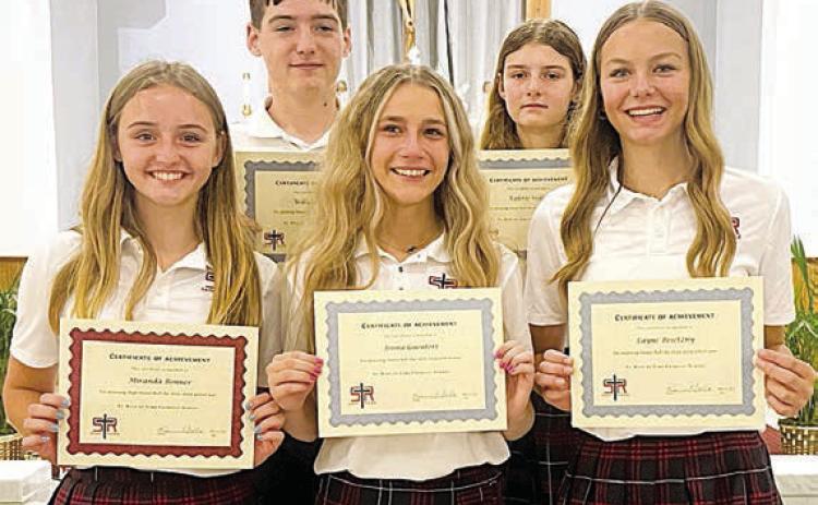 8th Grade – (front row, from left) Miranda Bonner, Jenna Guentert, Layne Besetzny, (back row) William Taylor and Valerie Sedlar.