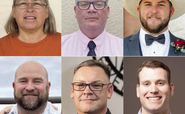 Based on the unofficial results, winners in the contested races from the local elections were: (top, from left) Connie Koopmann, mayor-elect; Frank Wick III, Place 2 alderman-elect; Scott Stoner, Place 3 alderman-elect; (bottom, from left) Jarrod “Buck” Schramek, trustee-elect; Troy Brenek, trustee-elect; and Hale Hentges, trustee-elect.