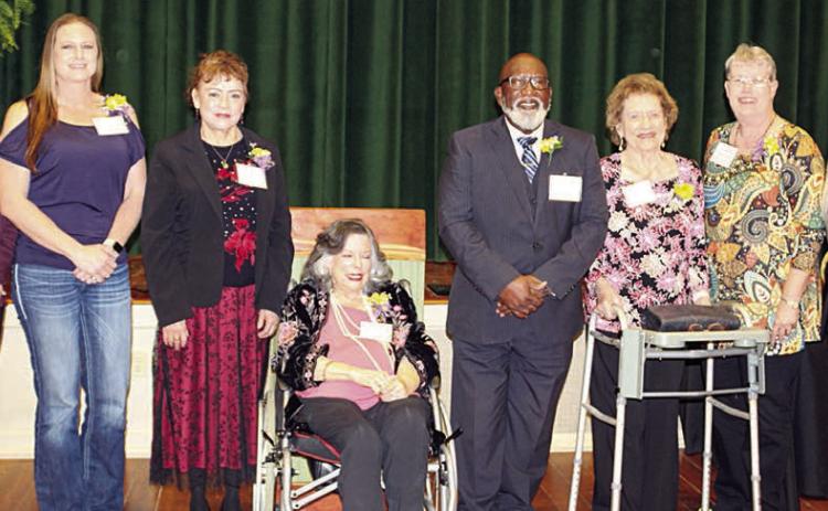 2025 ‘WOMEN MAKING HISTORY’ HONOREES/REPRESENTATIVES – (from left) Teresa Brown, Angela Lala, Maria Vega, Karey Bresenhan, the Rev. Andrew Stafford (receiving the award for his mother, Maezell Stafford Townsend), Lucille Strickland, Brenda Fisseler, Robin Wedgeworth (receiving the award for her mother, Gladys Giese).