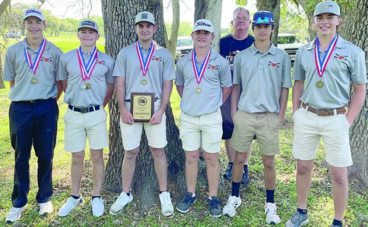 Shorthorn golfers, shown after their district championship, are: (front, from left) Van Prihoda, Reid Janda, Jackson Faith, Brycen Schramek, Brant Redman, and Jayse Janda. Also pictured is golf coach Richard Hoogendoorn (back). Sticker Photo By Darrell Vyvjala