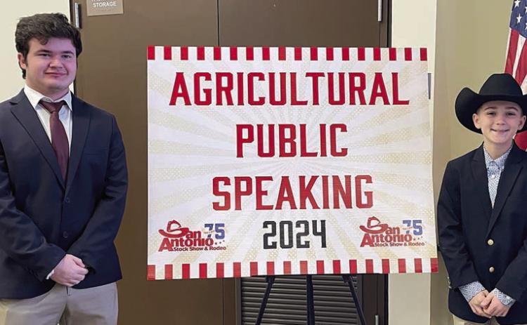 Logan Poncik (left) of the Fayetteville 4-H and Crockett Guenther (right) of the Schulenburg 4-H recently competed in the San Antonio Livestock Show Public Speaking Contest in San Antonio. Guenther was third overall in the Junior Agricultural Public Speaking Contest. His topic was “Ruminant Rumination.” Poncik competed in the Senior Agriculture Public Speaking Contest. His top was“Electronic Identification Tags.”