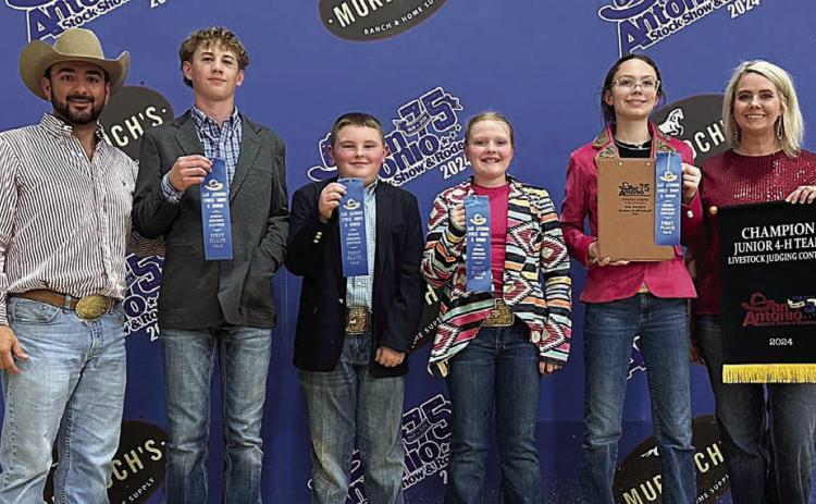 Champion Junior Team – (from left) Coach JoJo Carrales, Kullen Kutac, Abraham McBride, Kaisley Janecka, Tatum Fritsch and coach Kaci Carrales. Abraham McBride is a member of the Schulenburg 4-H.